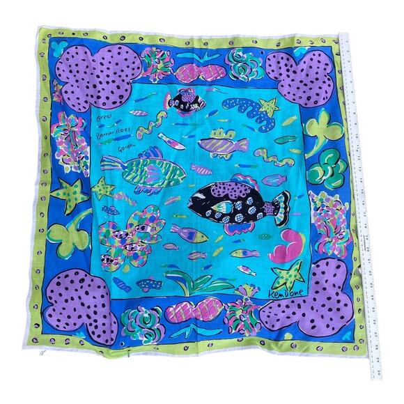 Vintage KEN DONE Fish Scarf Great Barrier Reef Ocean Scene Cotton Made in JAPAN - Picture 1 of 8